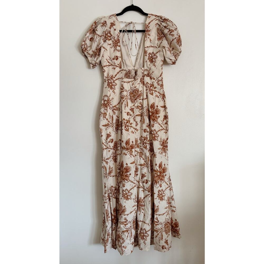 Tan Brown Abercrombie Puff Sleeve Floral Poplin Midi Dress S - Picture 5 of 8